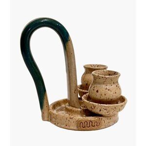 Stoneware Pottery Studio Artist Made Chamberstick Candle Holder Curved Handle
